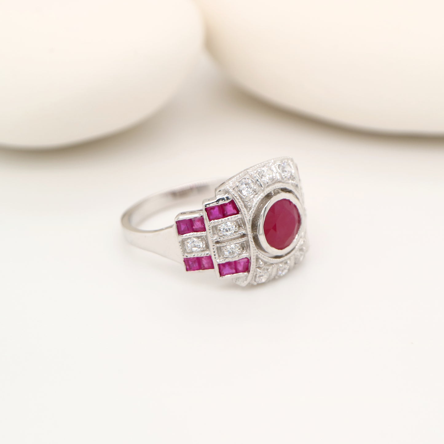 Art deco ruby ring with French cut rubies and diamonds