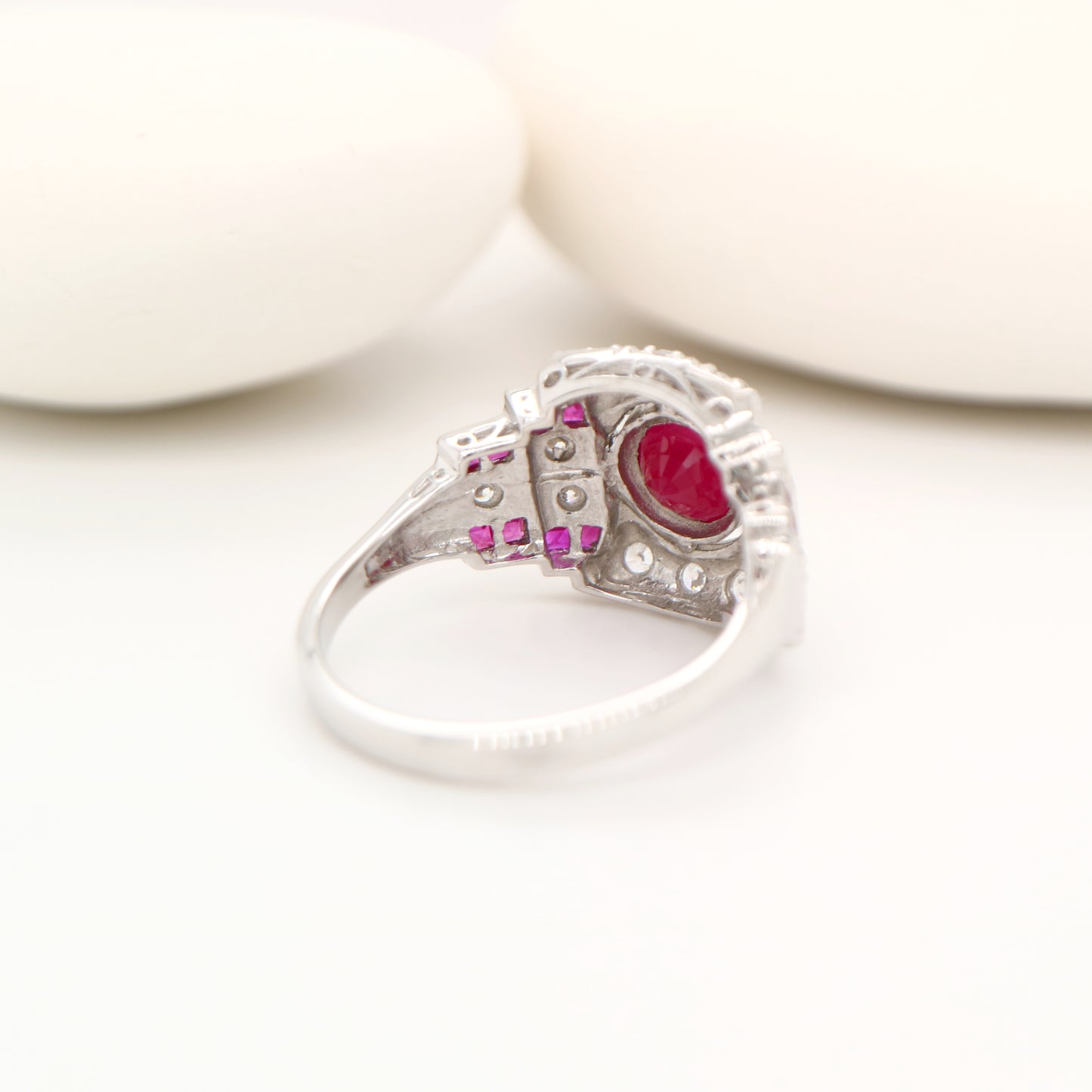 Art deco ruby ring with French cut rubies and diamonds