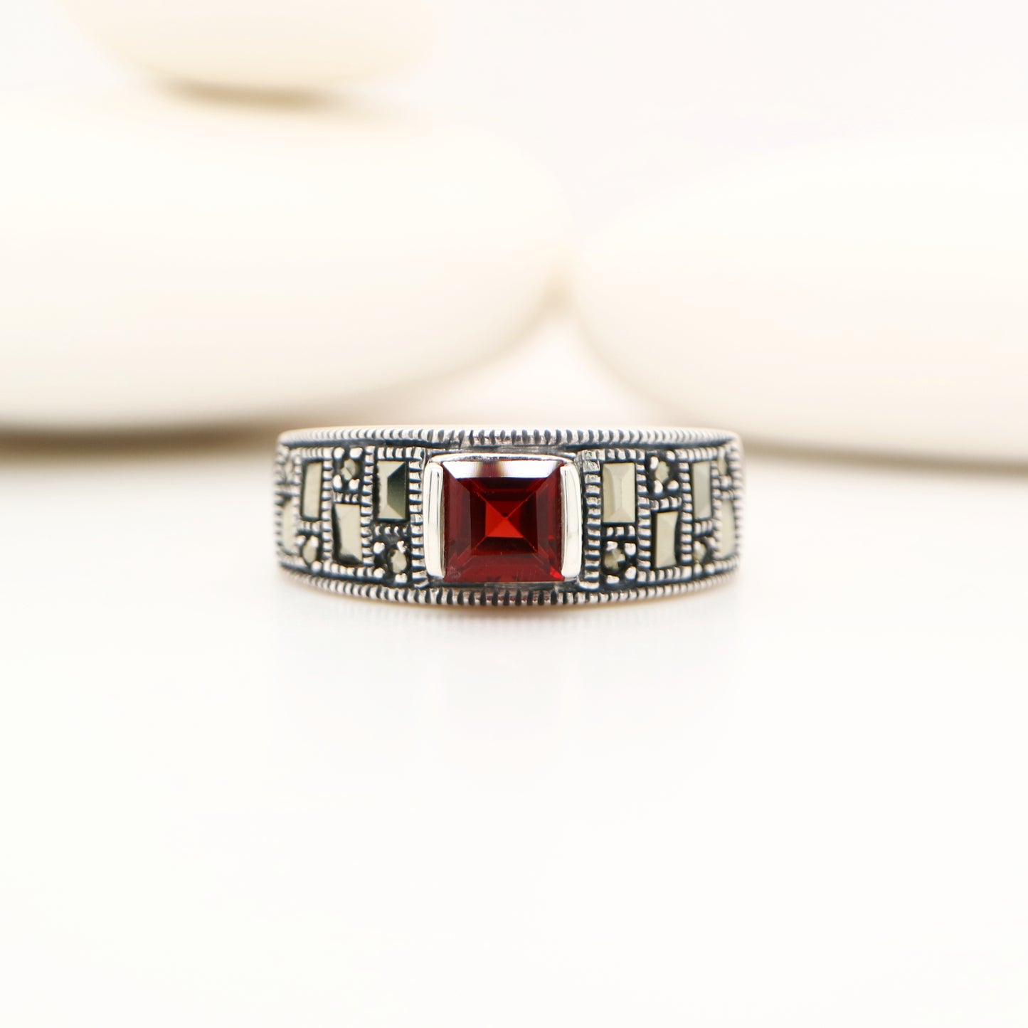 Square cut garnet ring in sterling silver with marcasite