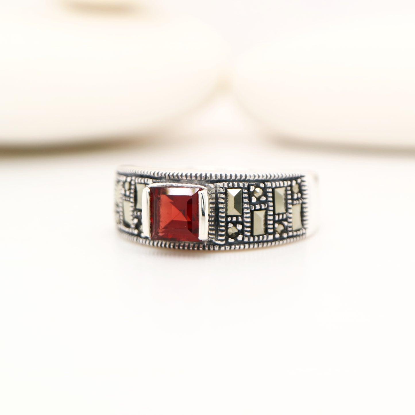 Square cut garnet ring in sterling silver with marcasite