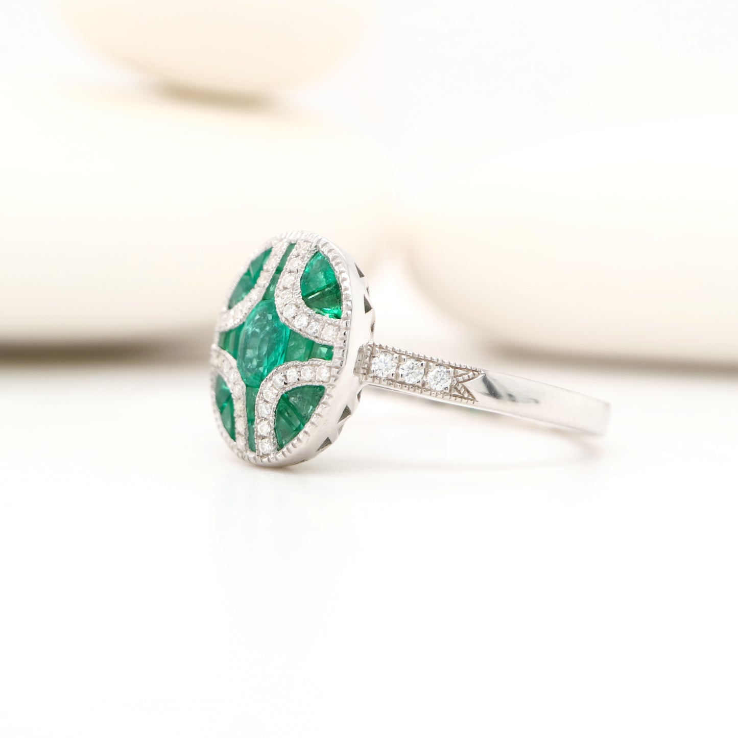 Art Deco natural emerald and diamond ring in white gold or silver