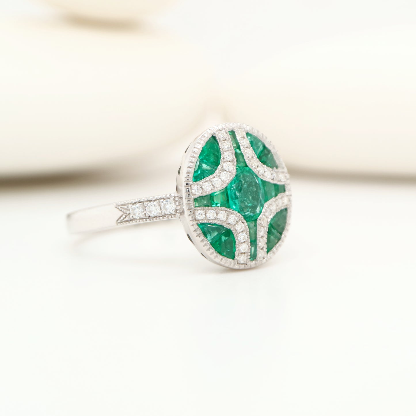 Art Deco natural emerald and diamond ring in white gold or silver