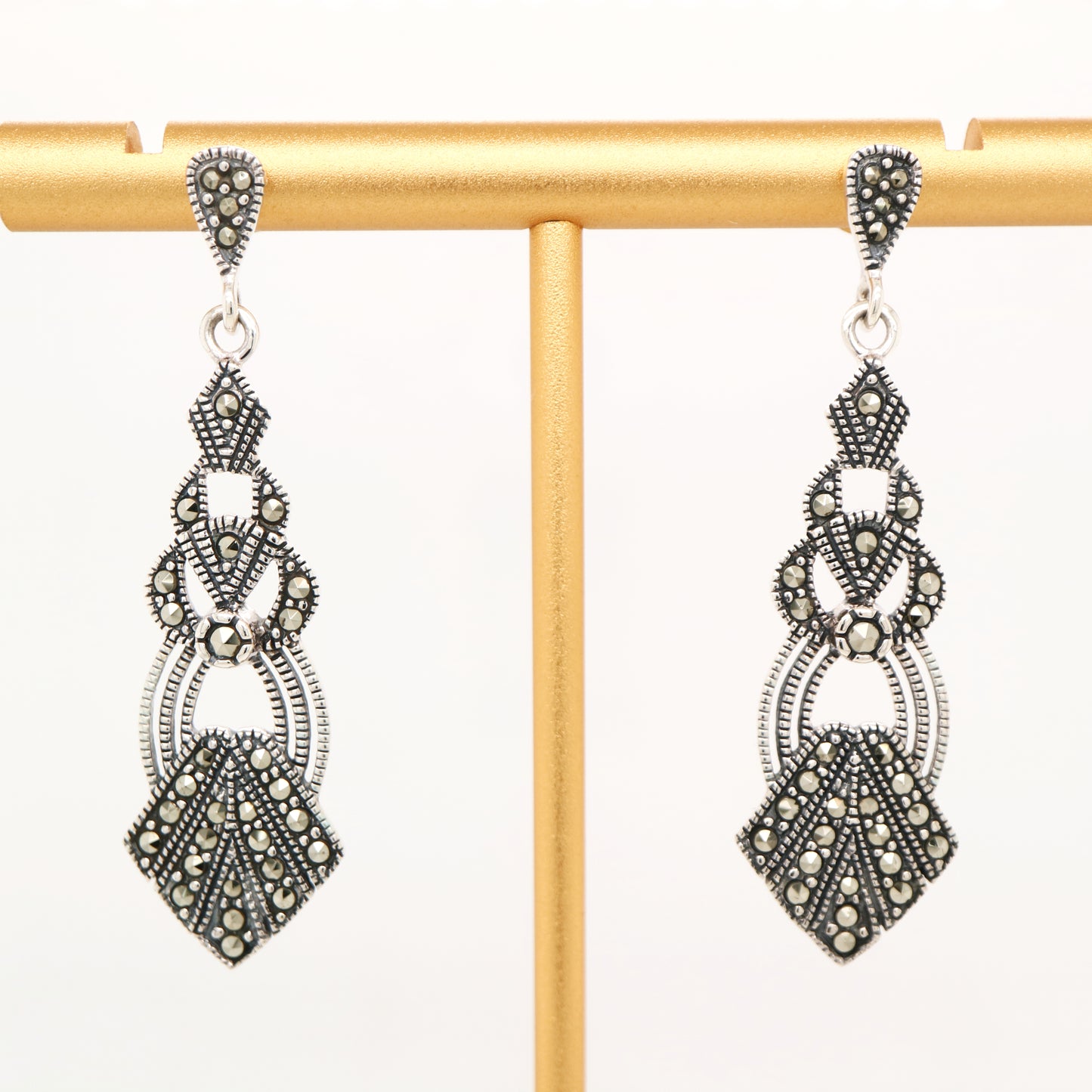 Art Deco style drop earrings set with marcasite in sterling silver