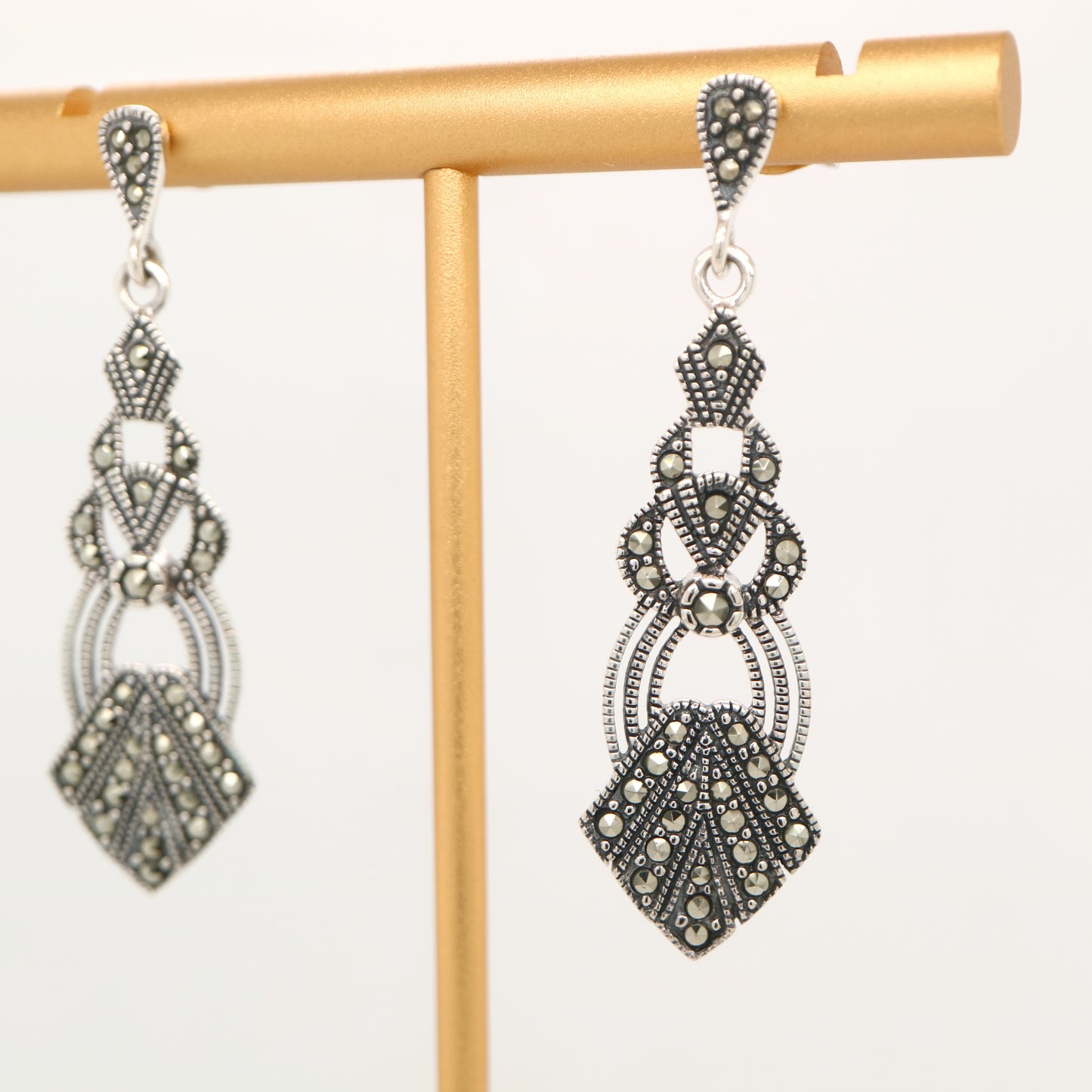 Art Deco style drop earrings set with marcasite in sterling silver