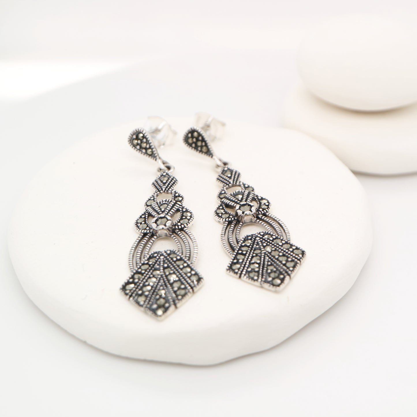 Art Deco style drop earrings set with marcasite in sterling silver