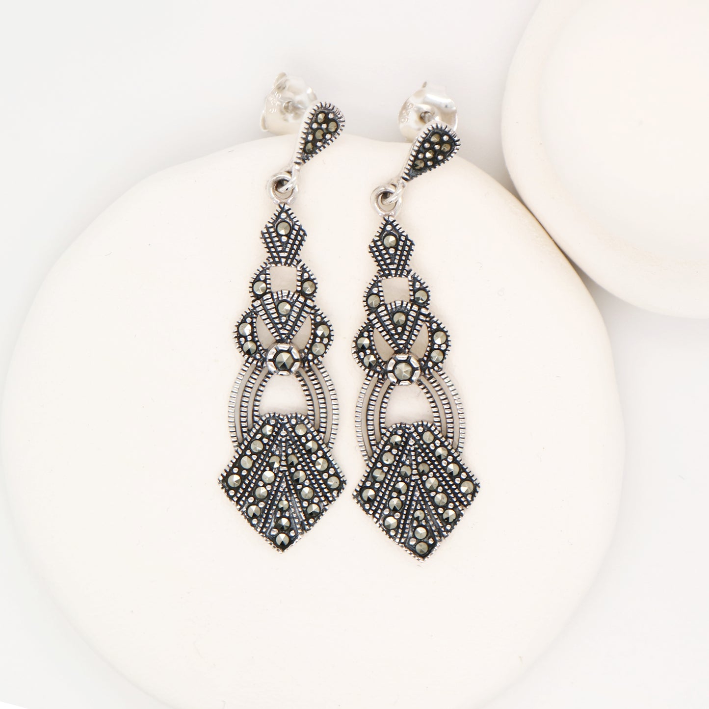 Art Deco style drop earrings set with marcasite in sterling silver