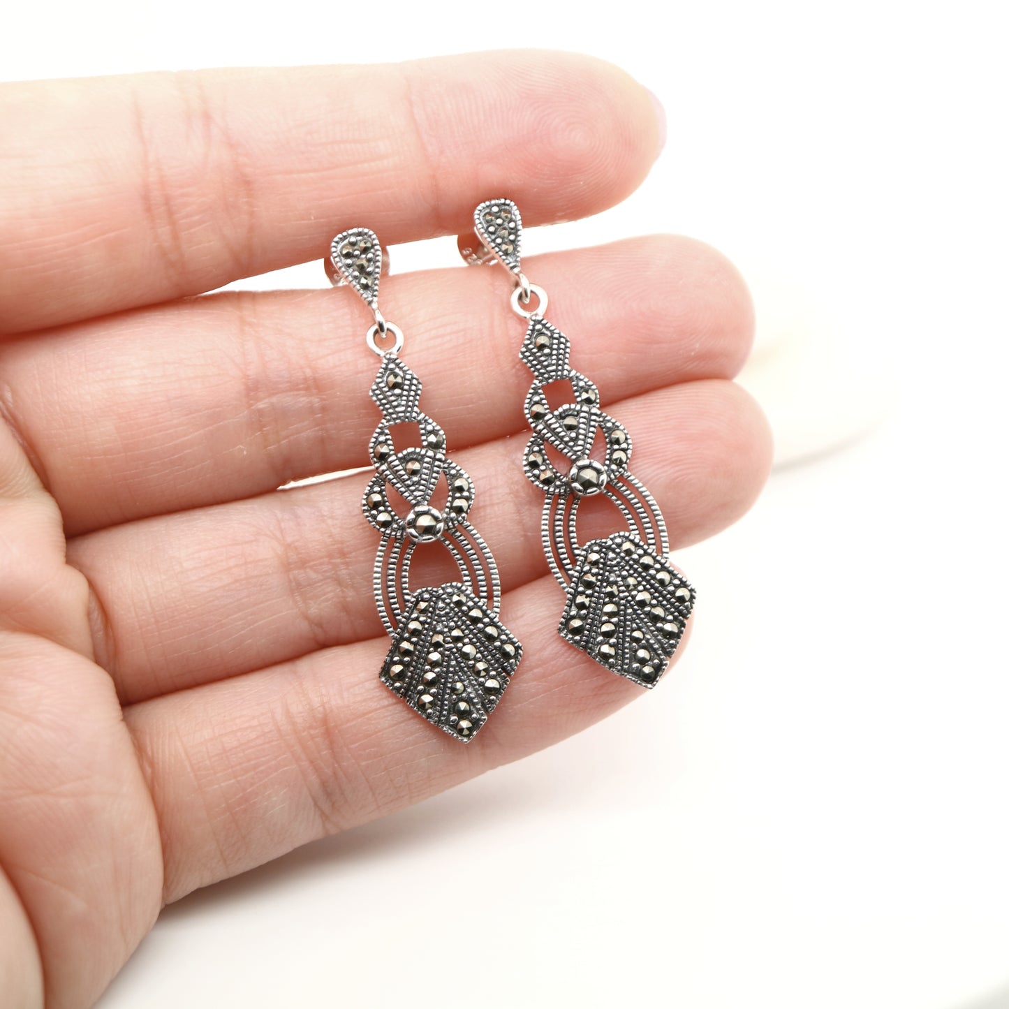 Art Deco style drop earrings set with marcasite in sterling silver