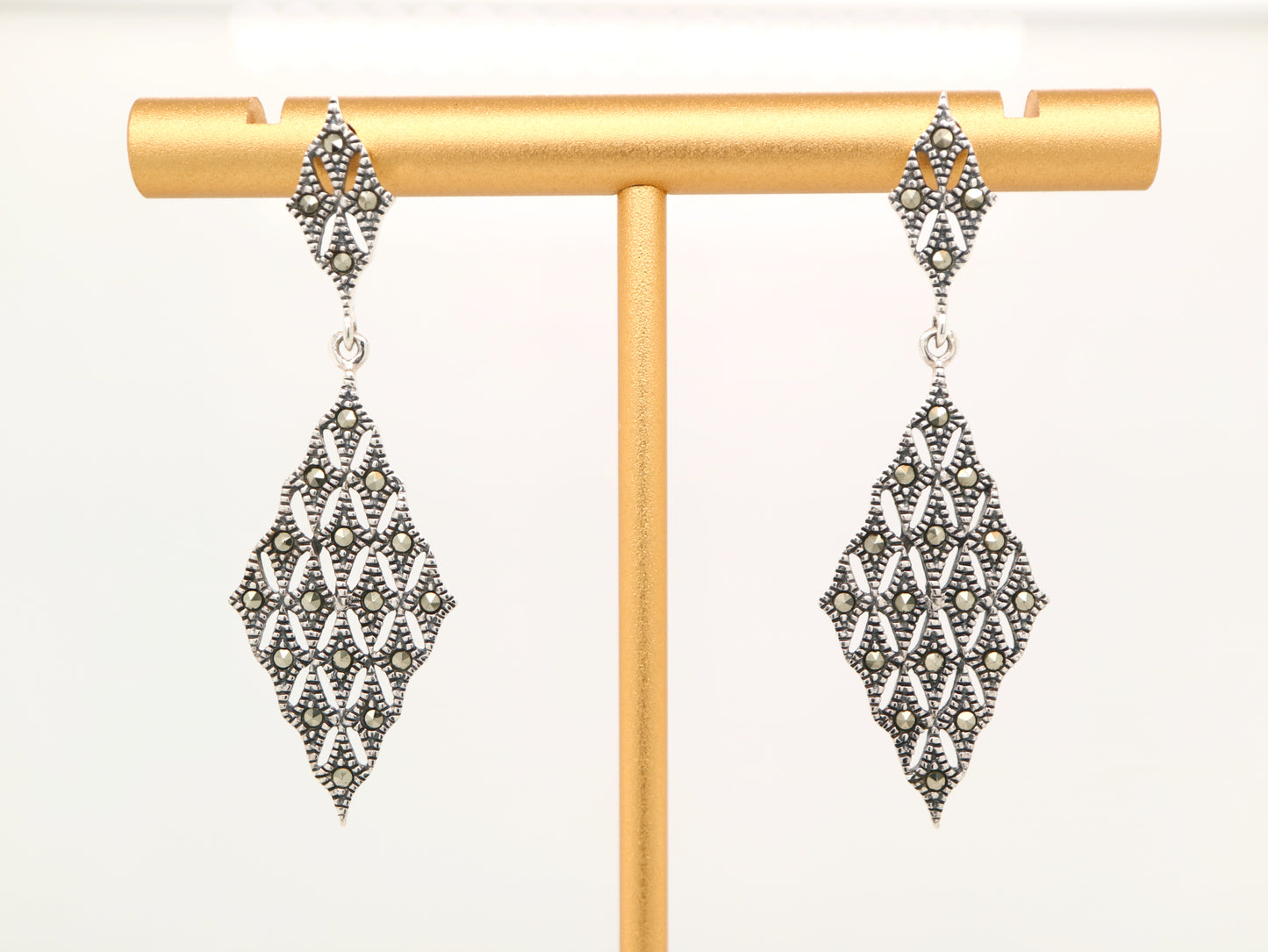 Art Deco diamond shaped marcasite earrings in sterling silver