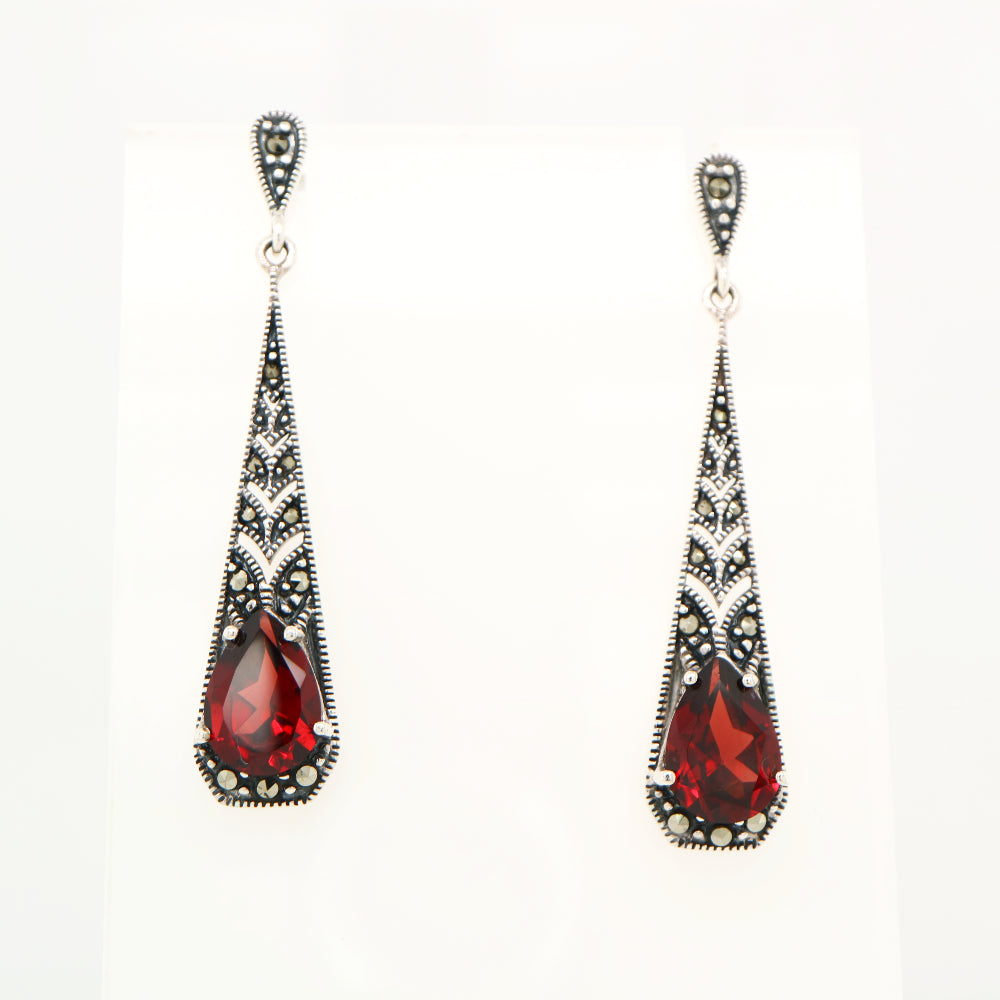 Art Deco garnet drop earrings with marcasite in sterling silver