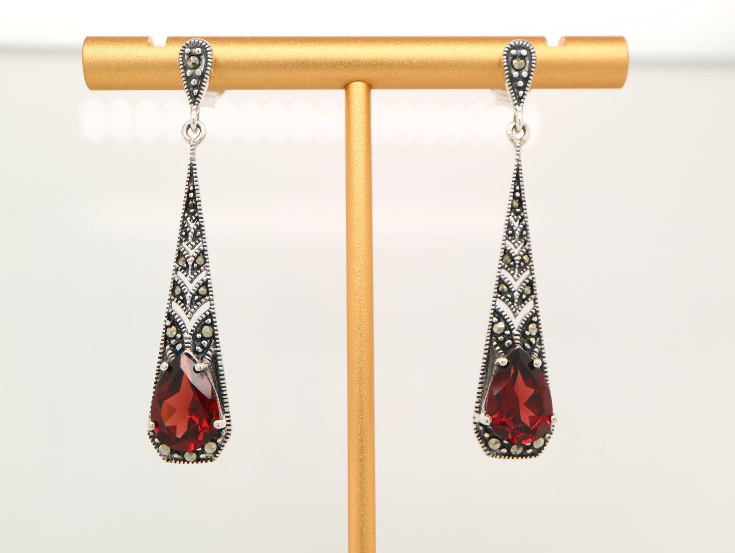 Art Deco garnet drop earrings with marcasite in sterling silver