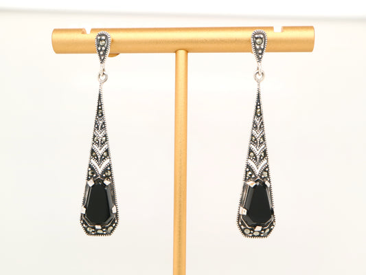 Art Deco Onyx Drop Earrings with Marcasite in Silver