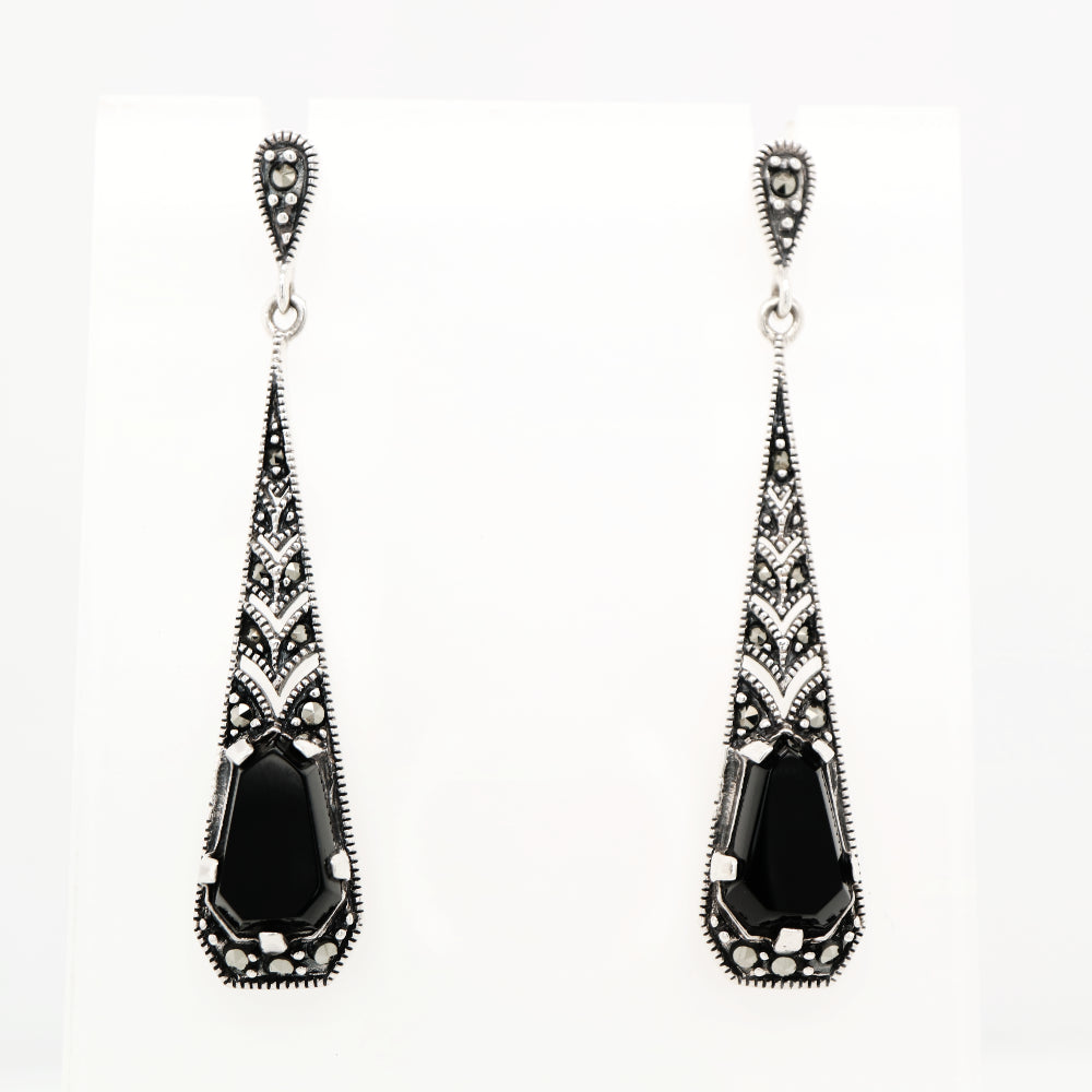 Art Deco Onyx Drop Earrings with Marcasite in Silver