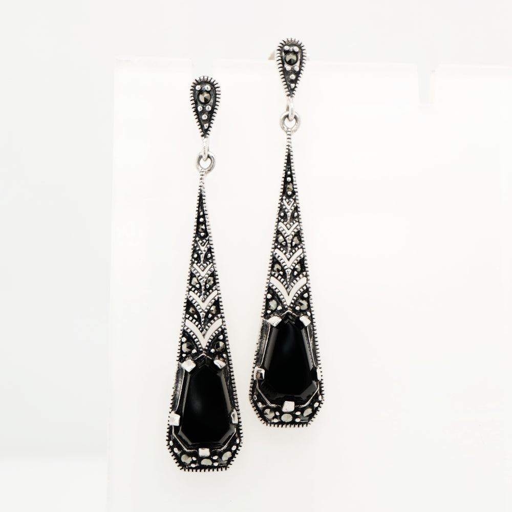 Art Deco Onyx Drop Earrings with Marcasite in Silver