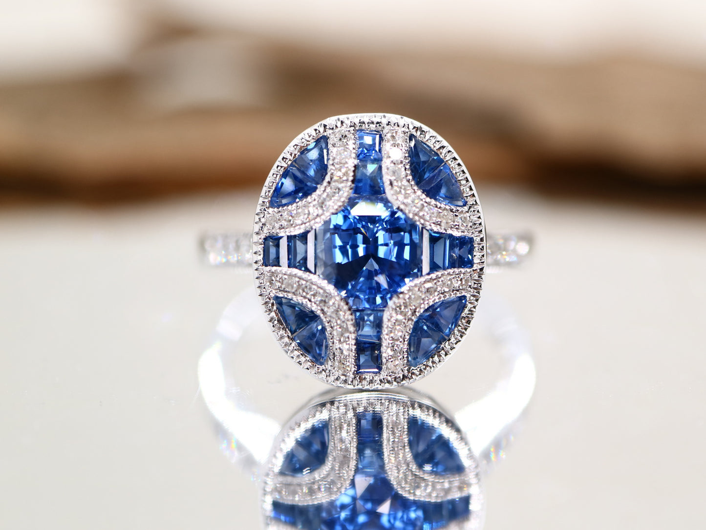 Art Deco sapphire and diamond ring in white gold