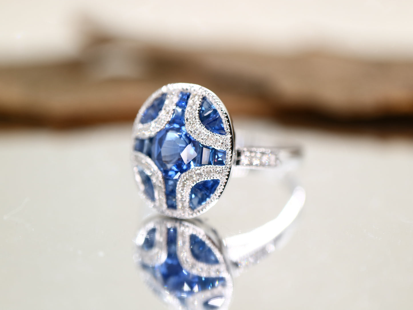 Art Deco sapphire and diamond ring in white gold