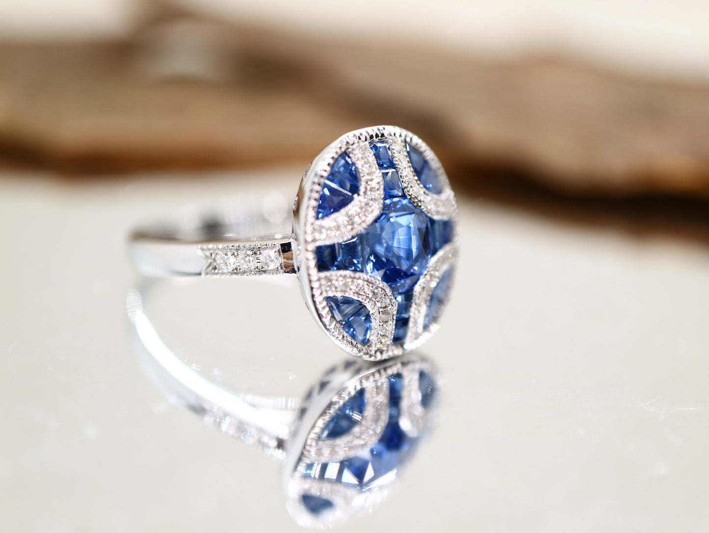 Art Deco sapphire and diamond ring in white gold