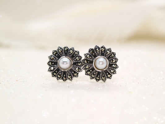 Pearl and marcasite flower earrings in sterling silver