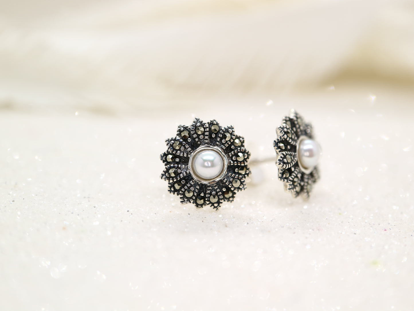 Pearl and marcasite flower earrings in sterling silver