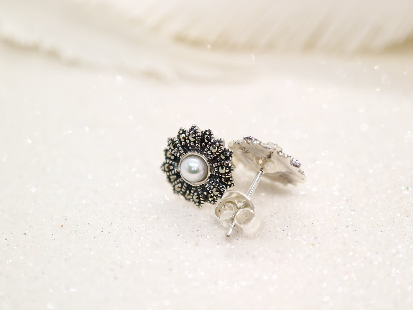 Pearl and marcasite flower earrings in sterling silver