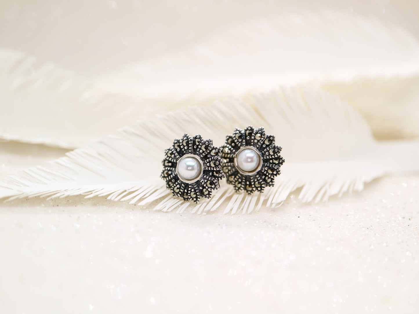 Pearl and marcasite flower earrings in sterling silver