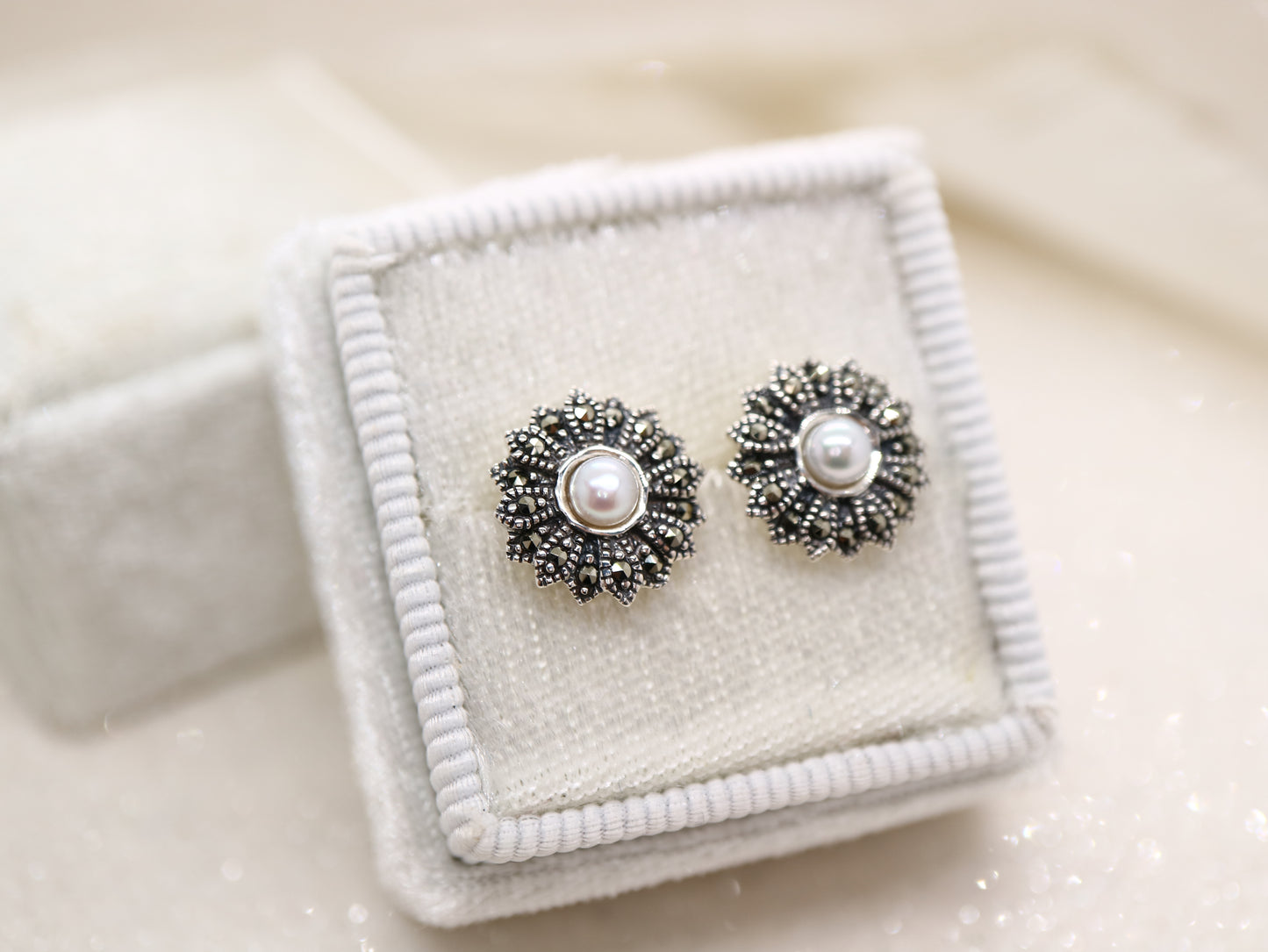 Pearl and marcasite flower earrings in sterling silver