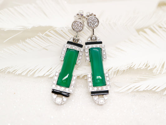 Art deco earrings in sterling silver, green agate and black onyx