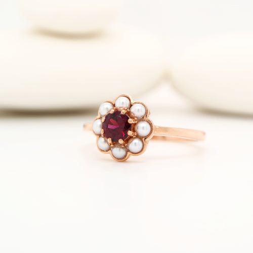 Rose gold pearl daisy ring set with garnet and freshwater pearls