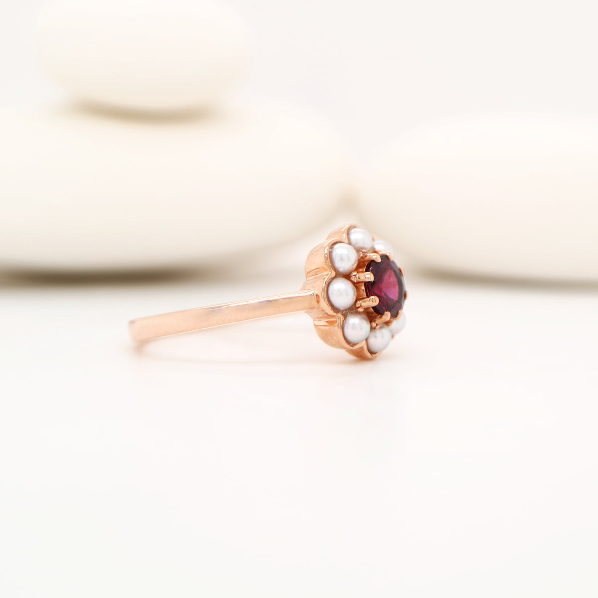 Rose gold pearl daisy ring set with garnet and freshwater pearls