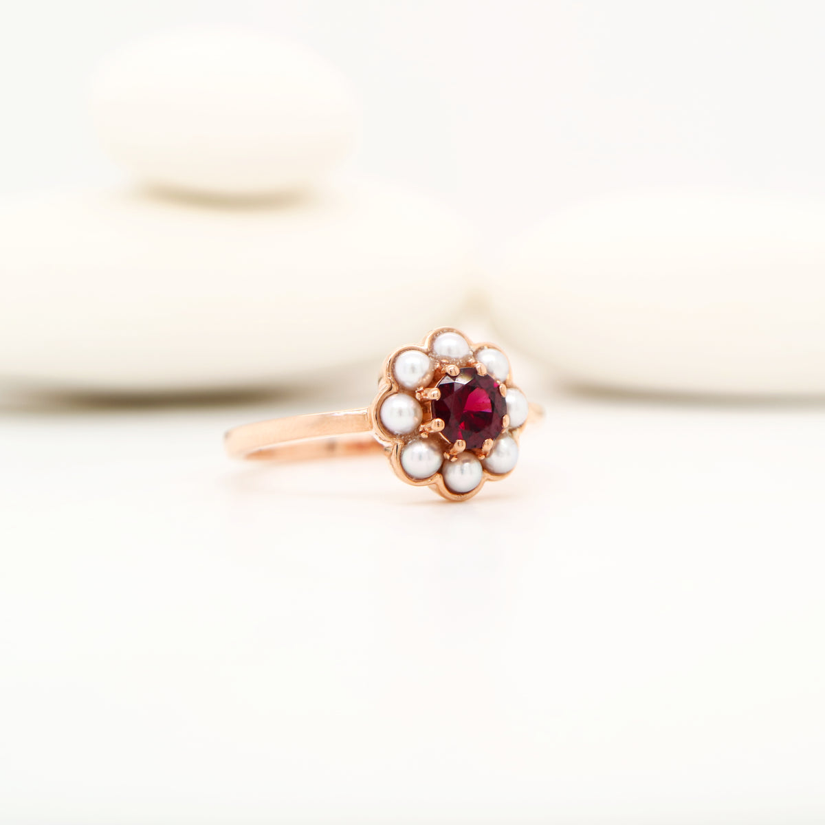 Rose gold pearl daisy ring set with garnet and freshwater pearls