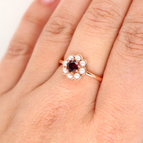 Rose gold pearl daisy ring set with garnet and freshwater pearls